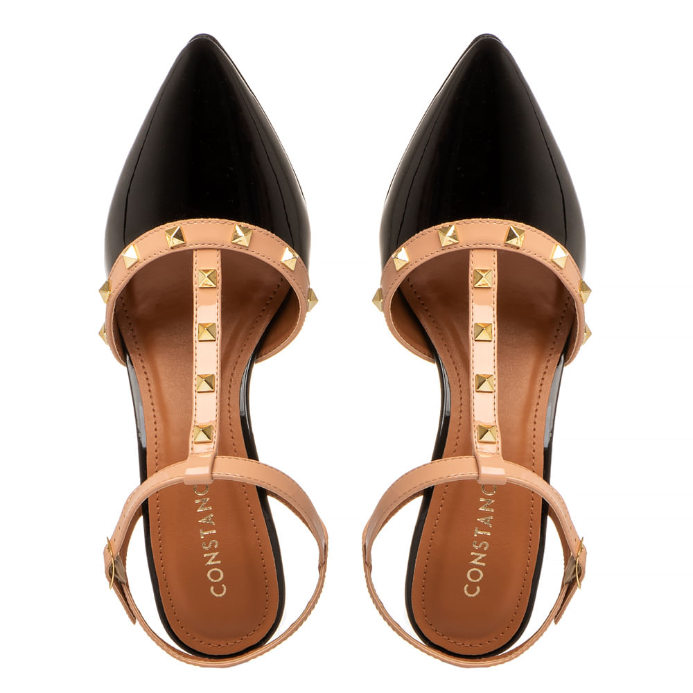 Scarpin Slingback Preto Verniz Spikes