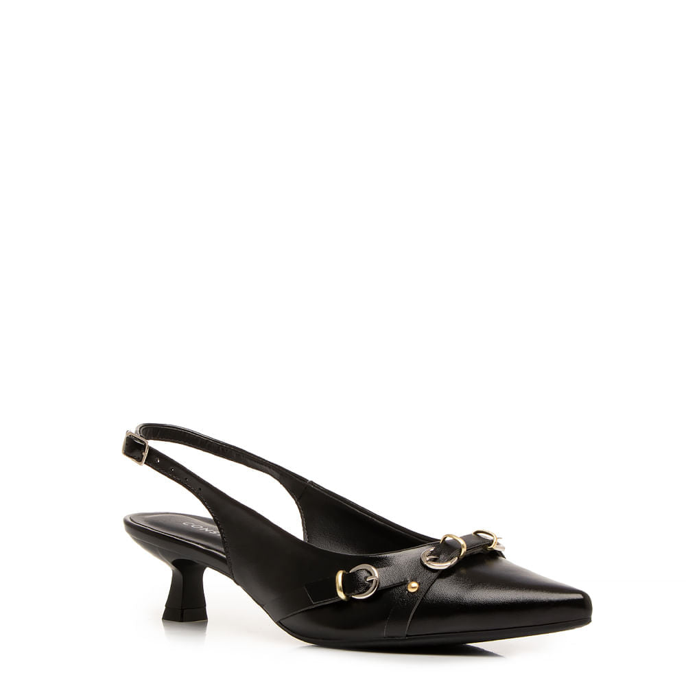Scarpin Slingback Preto Metalizado Fivelas