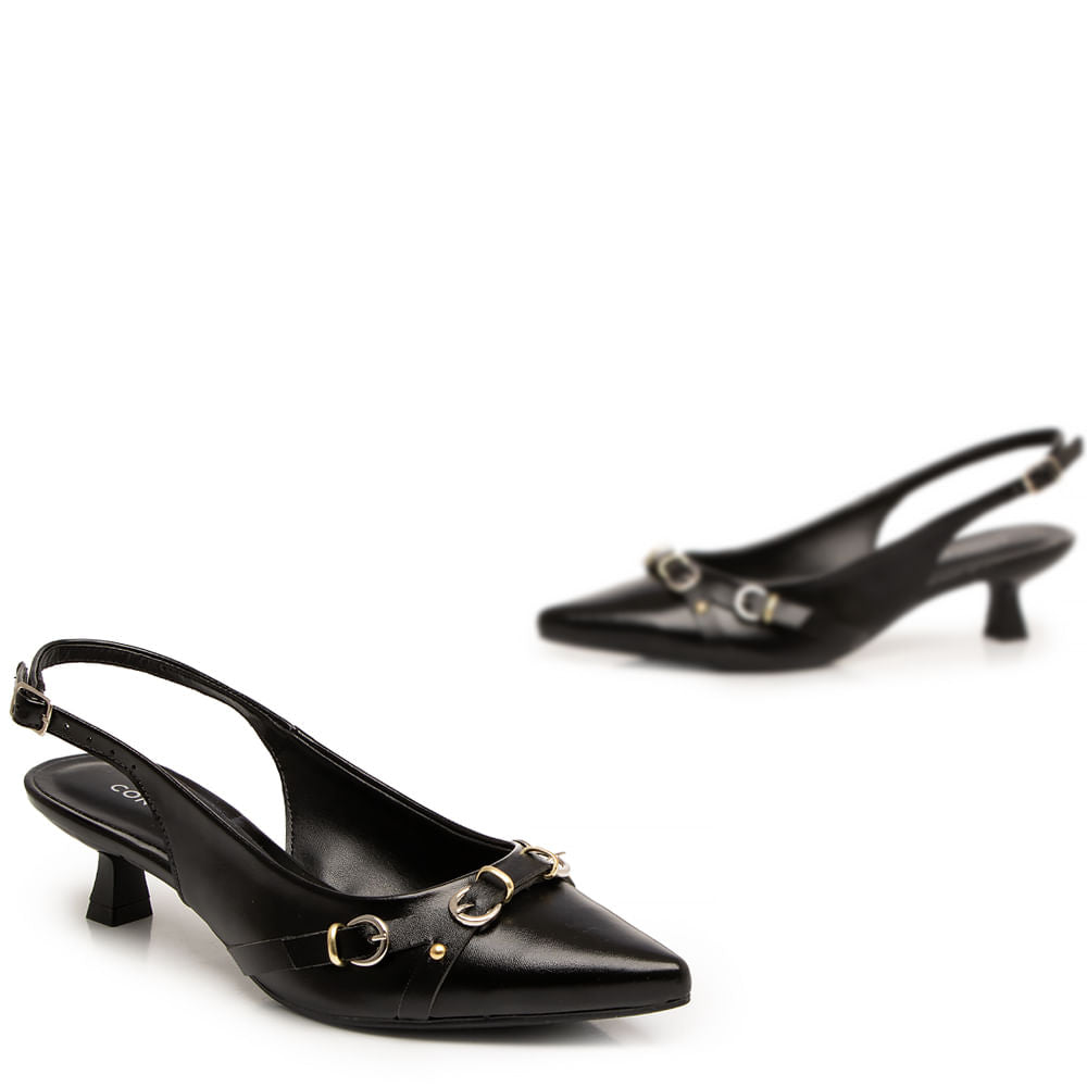 Scarpin Slingback Preto Metalizado Fivelas