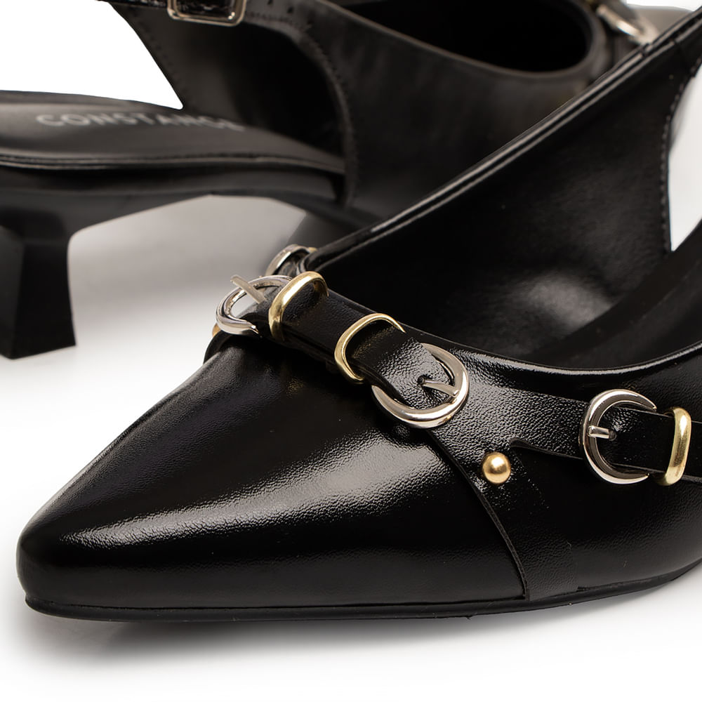 Scarpin Slingback Preto Metalizado Fivelas
