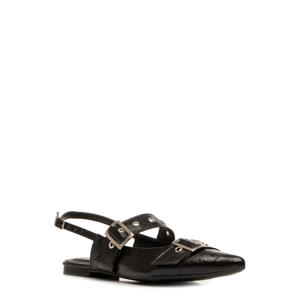 Sapatilha Slingback Preta Texturizada Fivelas