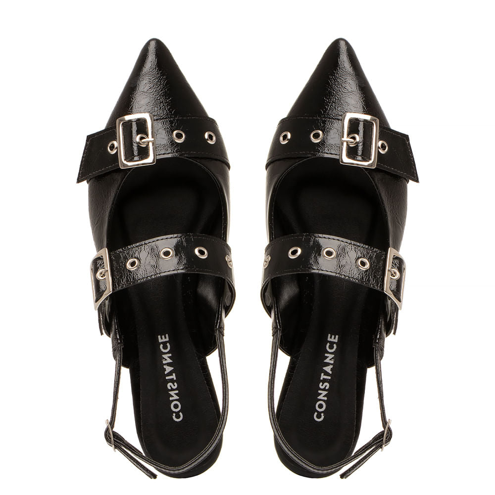Sapatilha Slingback Preta Texturizada Fivelas