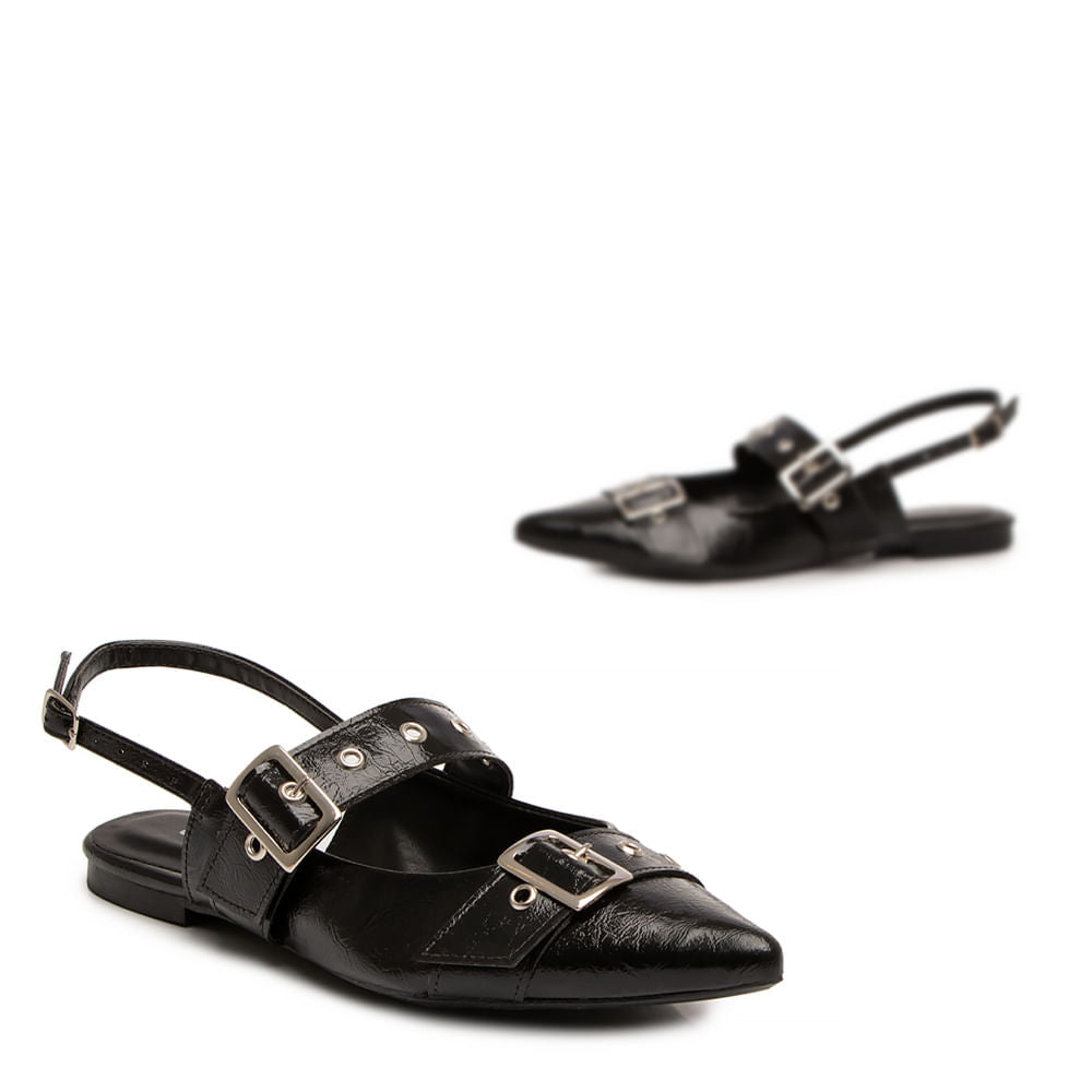 Sapatilha Slingback Preta Texturizada Fivelas
