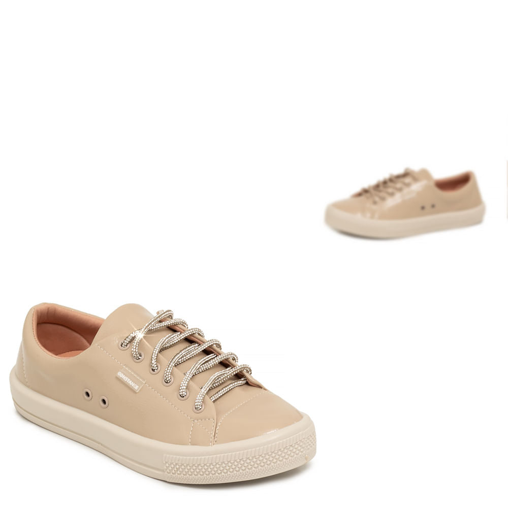 Tênis bege Comfort Cadarço Strass