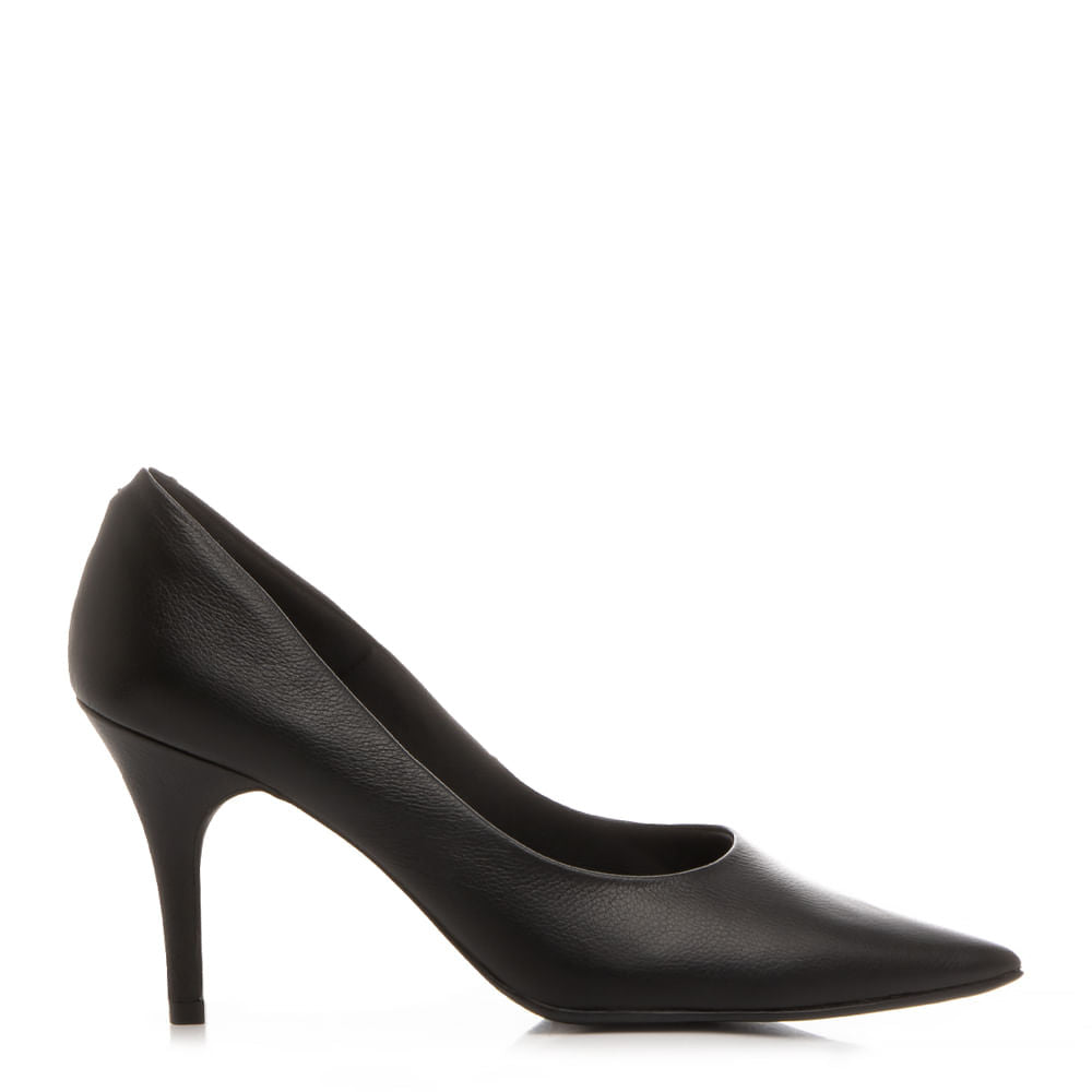 Scarpin Preto Couro Salto Alto Fino