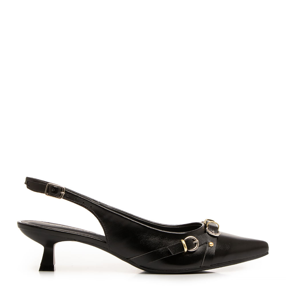 Scarpin Slingback Preto Metalizado Fivelas
