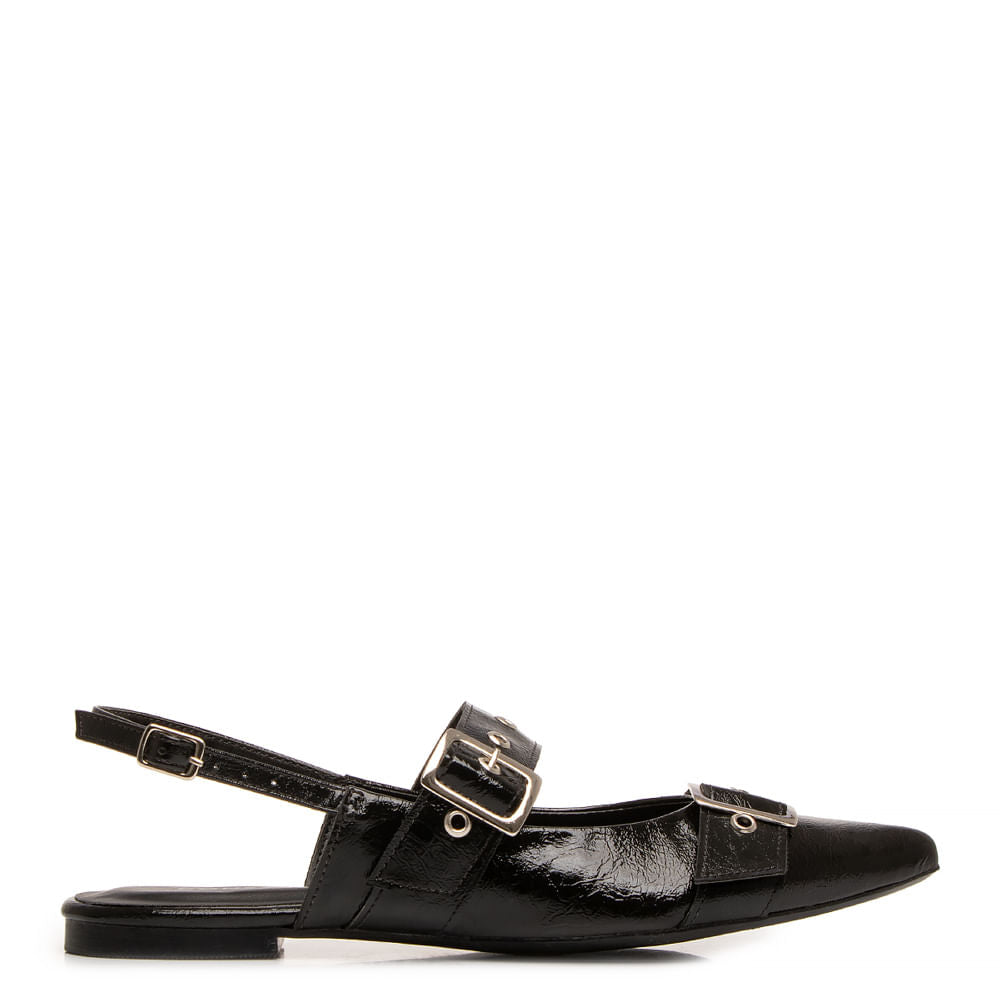 Sapatilha Slingback Preta Texturizada Fivelas